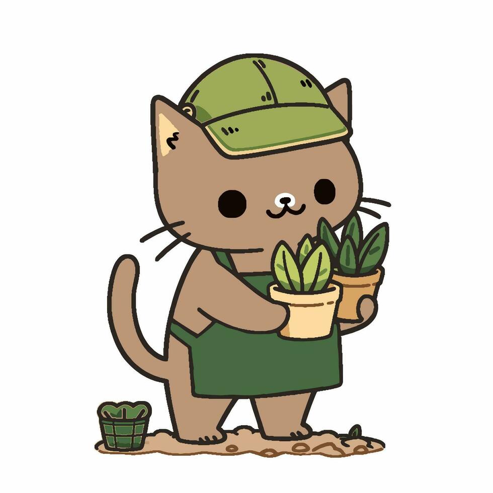 dibujos animados estilo gato plantando un árbol. mano dibujado vector ilustración.