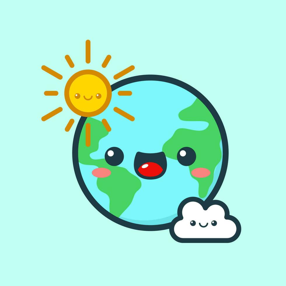 Cute And Kawaii Style Earth Character With Sun And Cloud vector