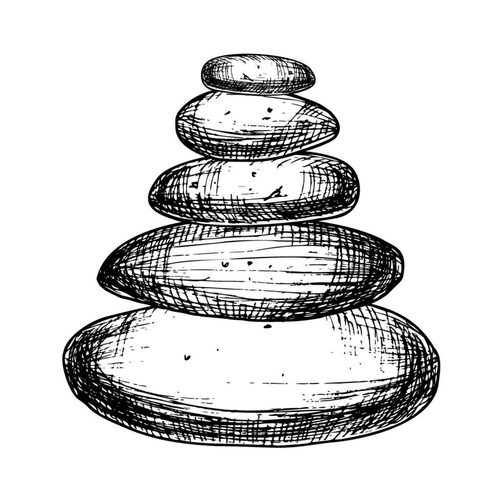 Pyramid of balancing Stones for Zen or yoga. Hand drawn vector linear illustration in black and white colors. Monochrome engraving for meditation or spirituality in outline style. Etched sketch