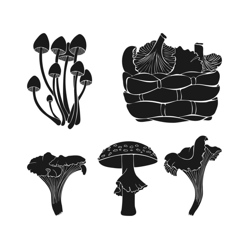 Set mushrooms silhouette. Monochrome dark icons. Black mushrooms on white background. vector