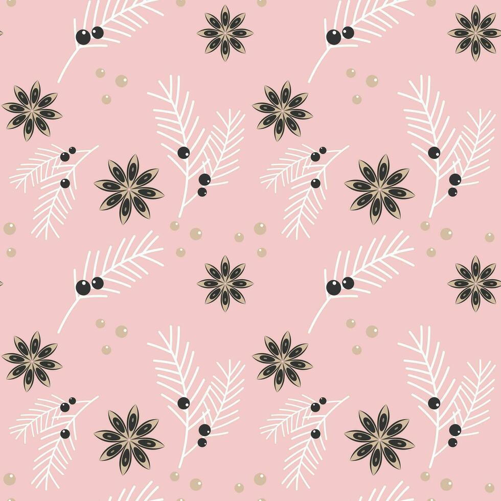 Christmas winter pink pattern with stars anise, twigs fir, juniper branches with berries. vector