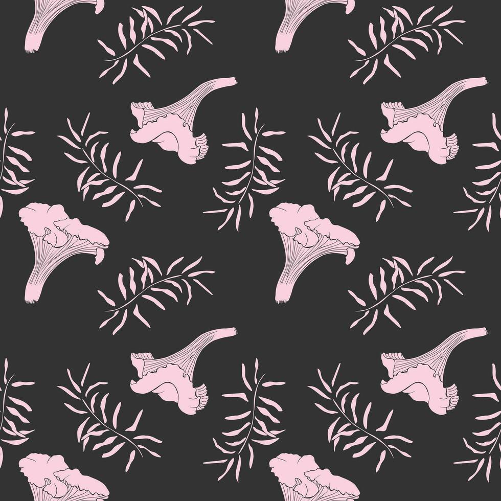 Pink chanterelle mushrooms and sprigs of moss on a dark gray background. vector