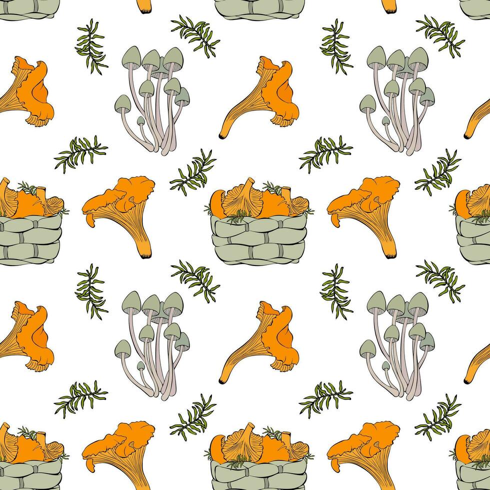 Pattern with mushrooms and basket of chanterelles, moss and family mycena , white background. vector