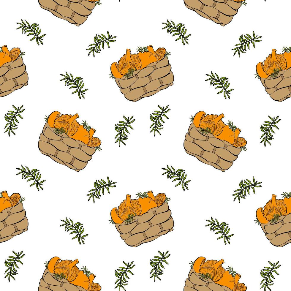 Pattern with basket of chanterelle mushrooms and moss. White background. vector