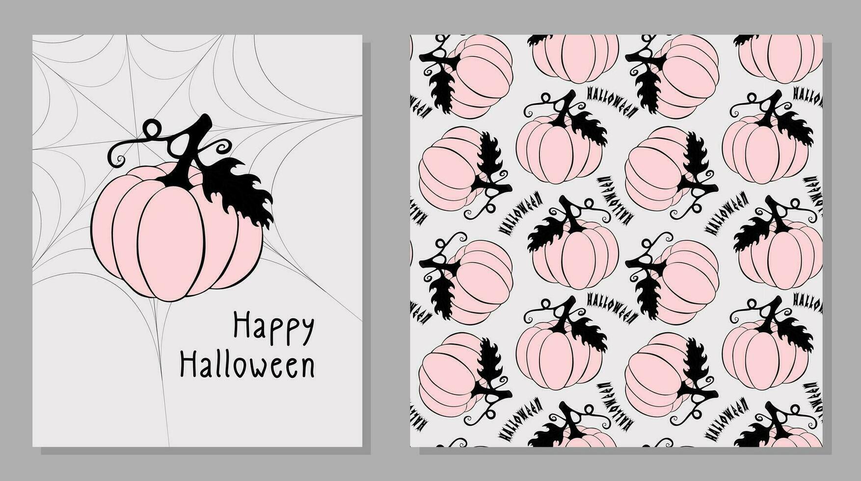Halloween set Happy Halloween poster with hand drawn pumpkin and pattern with pink pumpkins and lettering. vector
