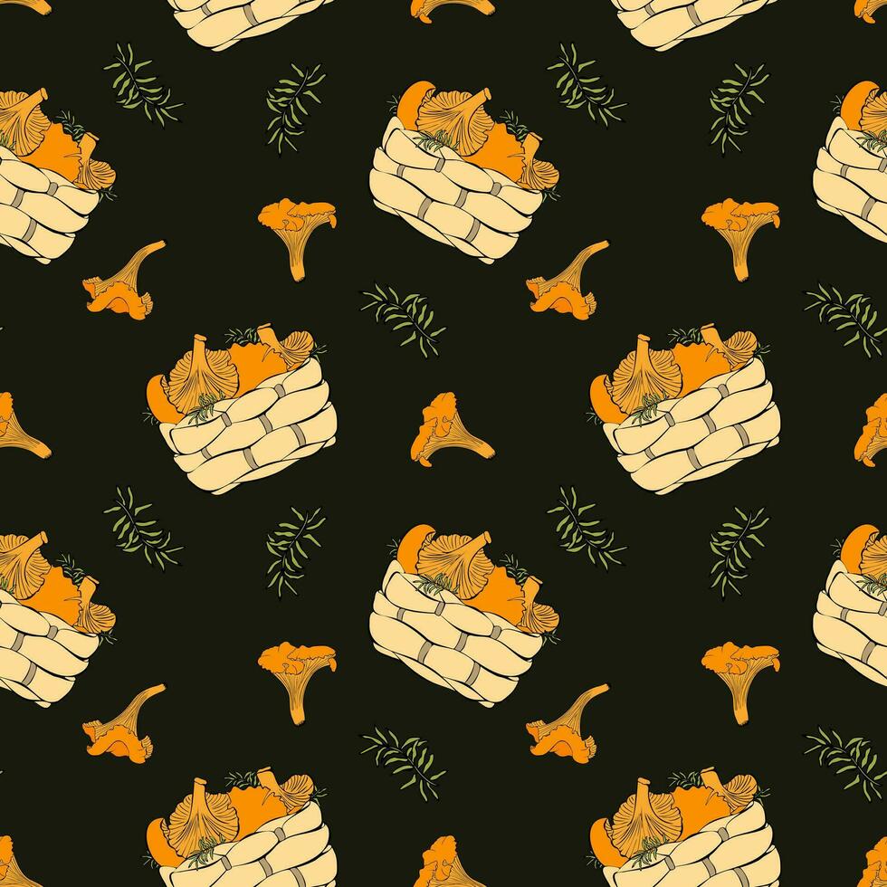 Dark pattern with mushrooms and basket of chanterelles and moss. vector