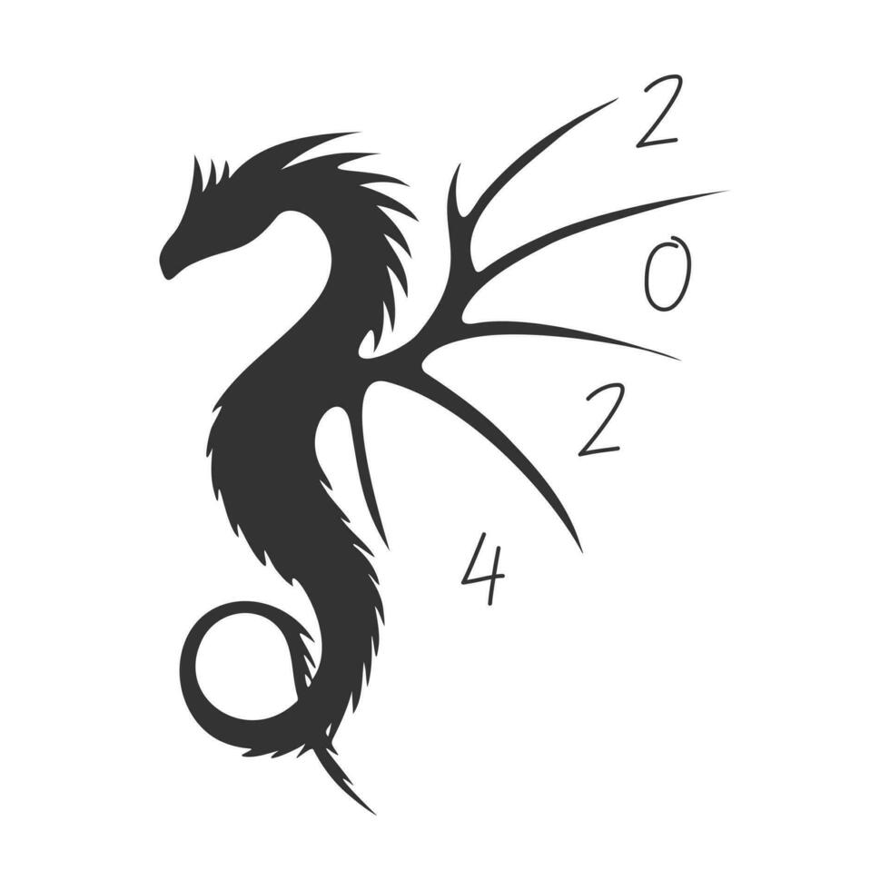 Year 2024 of the Dragon, hand drawn dragon silhouette in black color, isolated, white background. vector