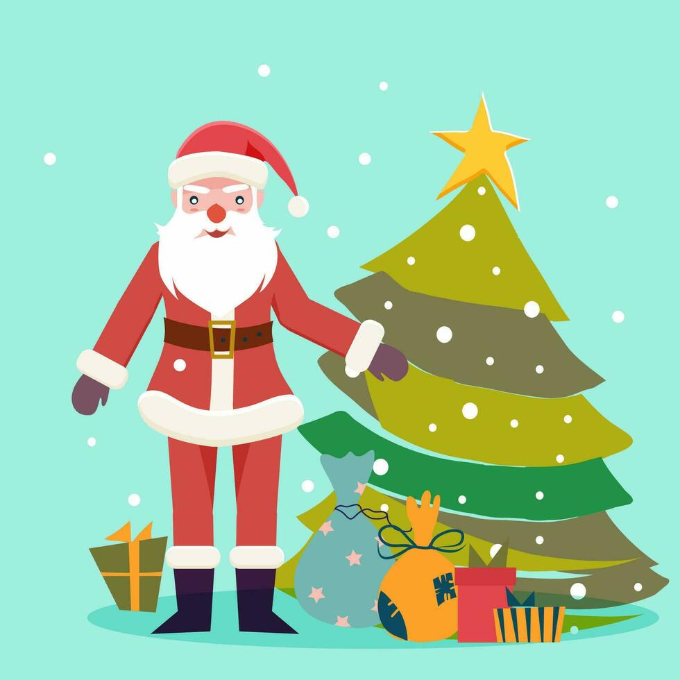 Christmas card, Santa near Christmas tree and gifts. Vector flat illustration.