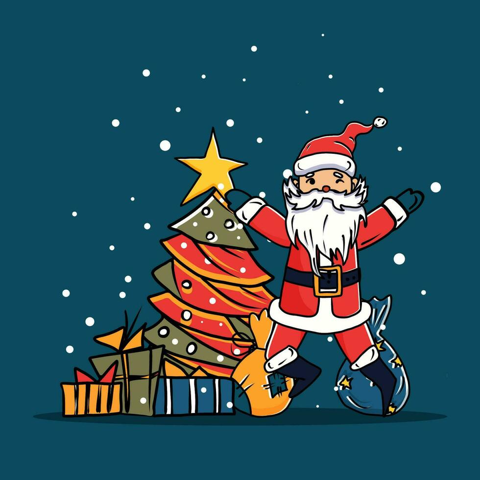 Christmas scene, Santa near Christmas tree and gifts. Vector doodle illustration.