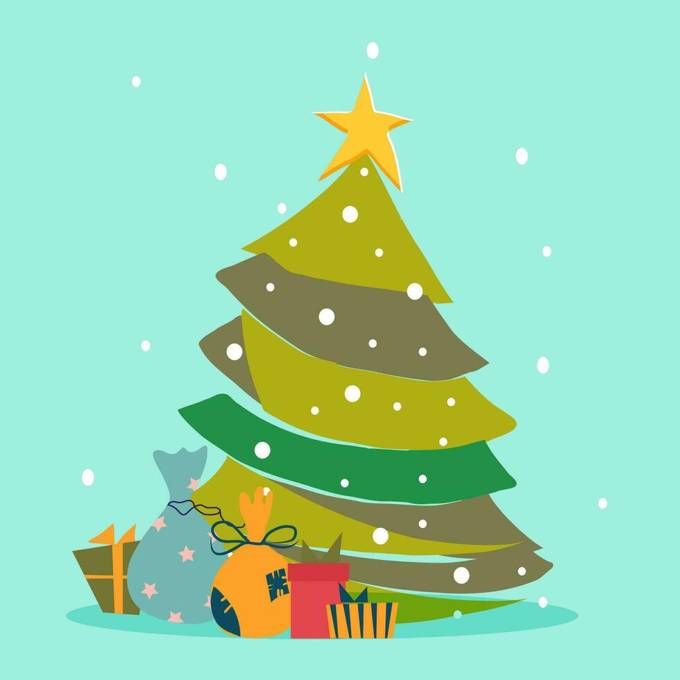 Christmas card, Christmas tree and gifts. Vector flat illustration.