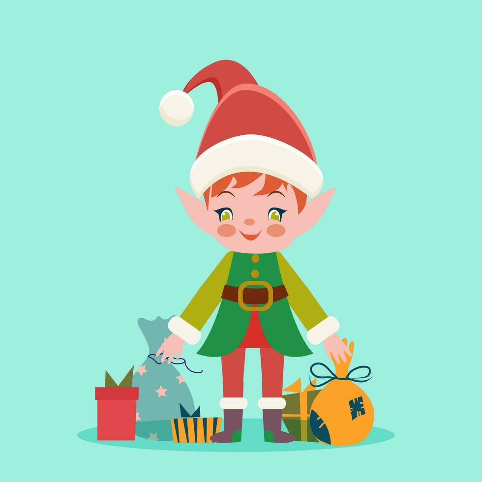 Christmas card, cute little Elf with gifts. Vector flat illustration.