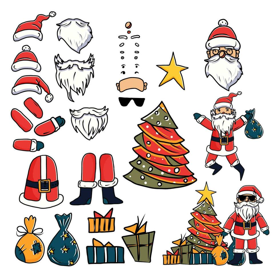 garabatear Papa Noel personaje constructor, Moviente brazos y piernas, combinación de sombreros y caras. Navidad árbol con regalos, blanco Bigote, barbas vector ilustración.