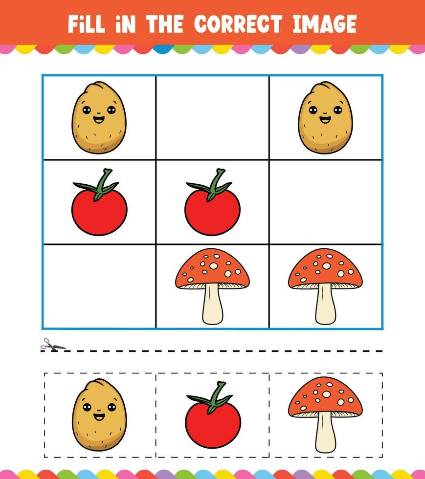 Education game for children Fill In The Correct Image with Cute vegetables vector