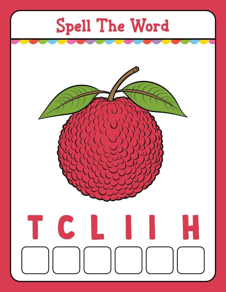 Spelling word scramble game Educational activity for kids with word Litchi vector