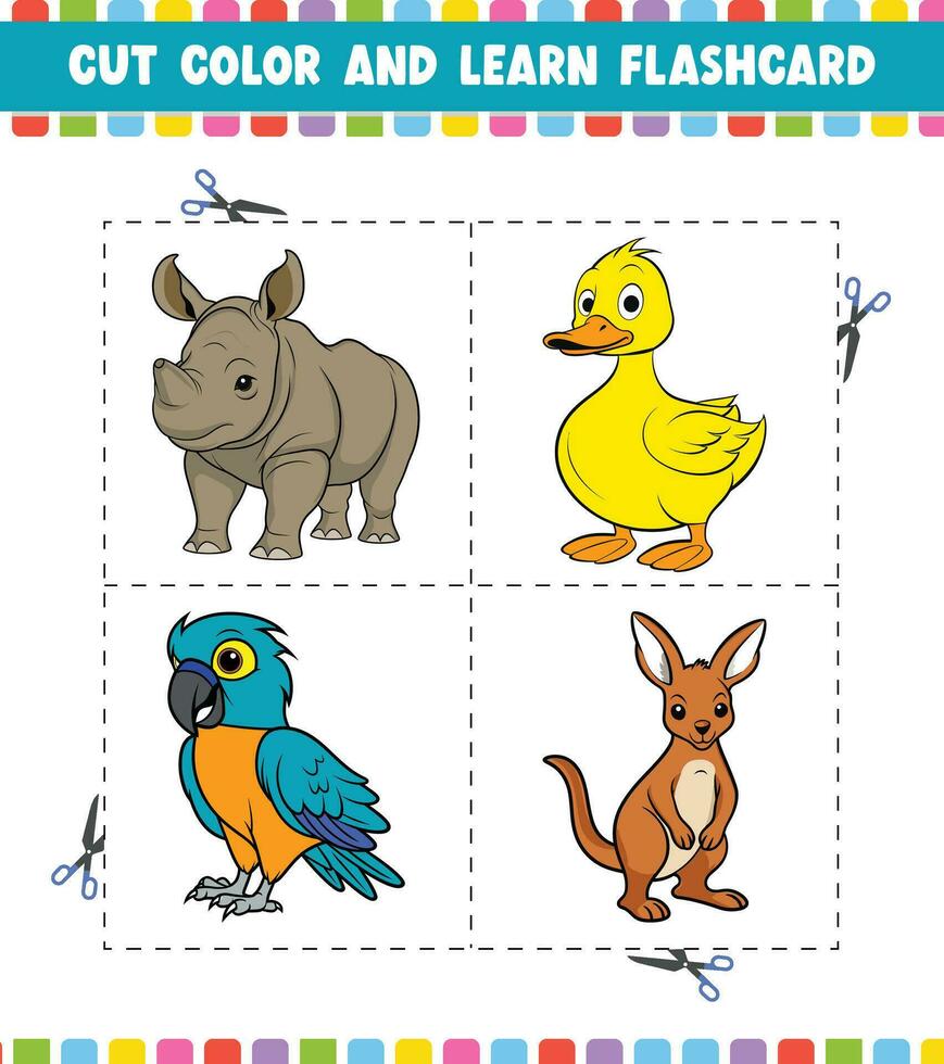 cortar color y aprender tarjeta de memoria flash actividad colorante libro para niños con linda dibujos animados animal personaje vector