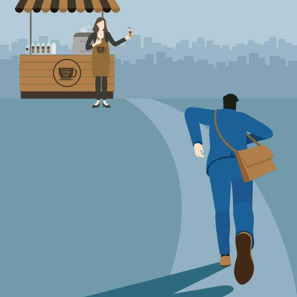 Back view of business man running to coffee shop kiosk like energy drink vector