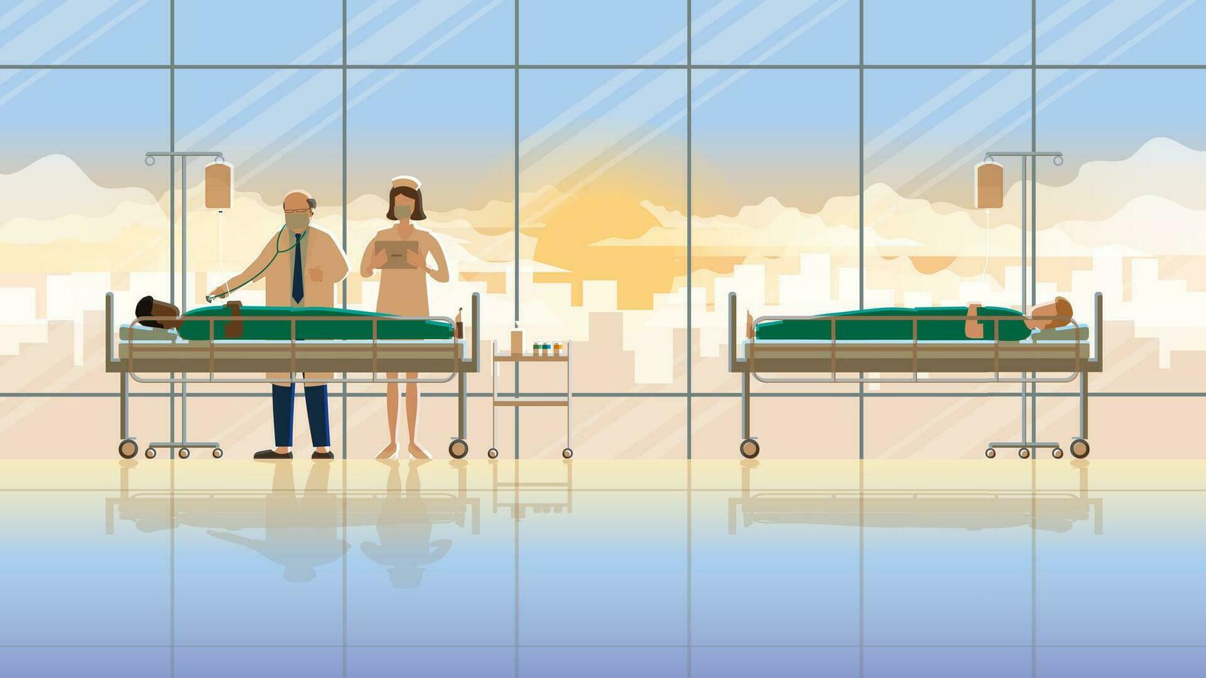 Senior doctor and nurse intend working check-up sick patient vector