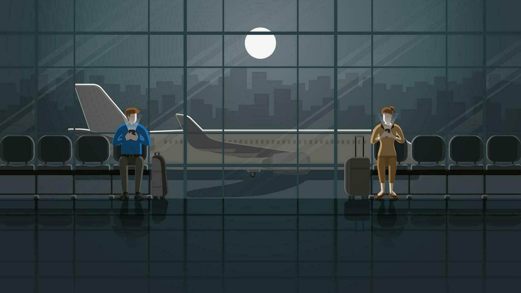 man and woman in the international airport at night in the dark vector