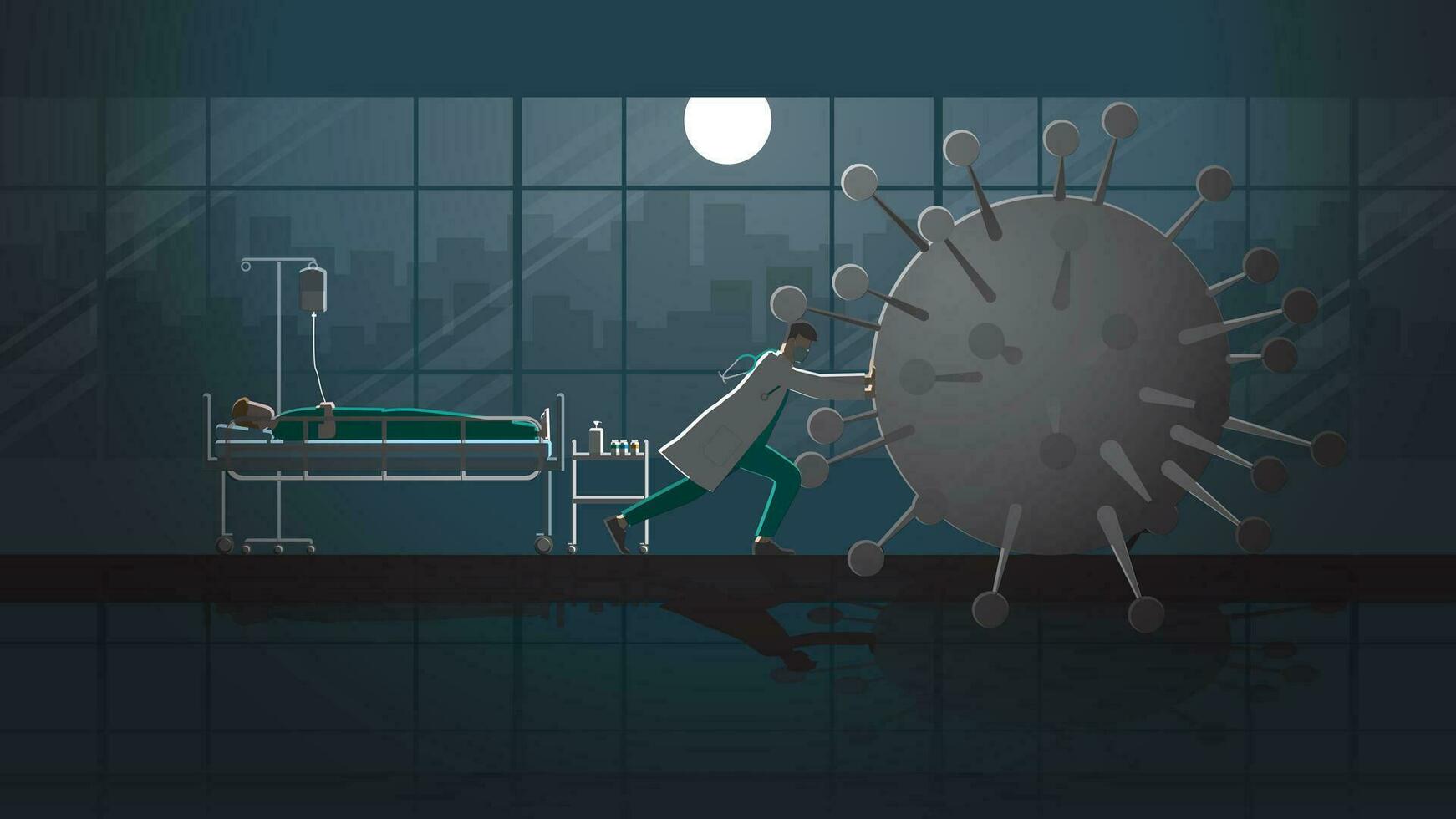 Doctor fight against disease by stop the virus before it destroy patient at night in hospital vector