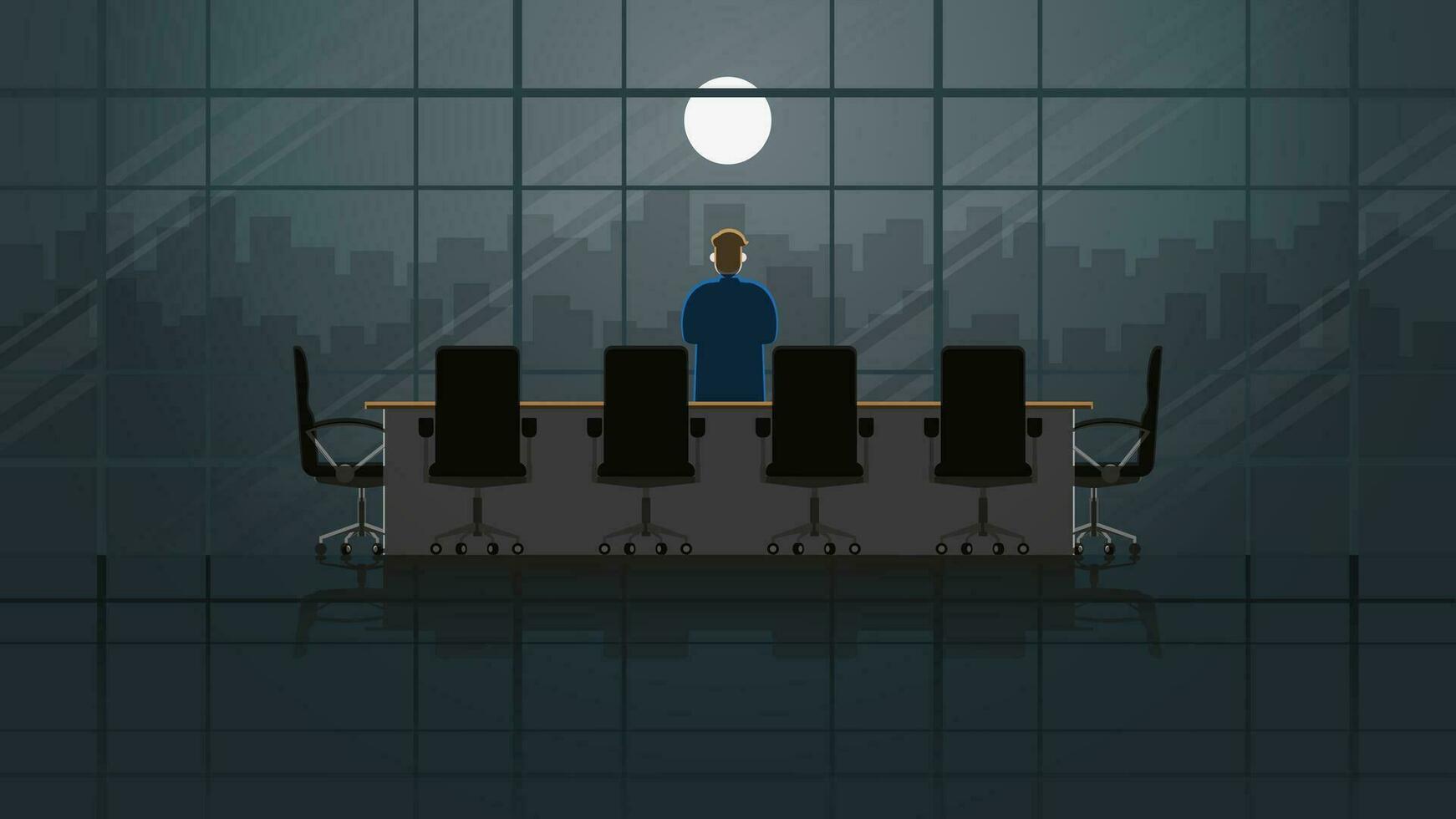 usinessman stand and thinking at the window of office building in meeting room at night vector