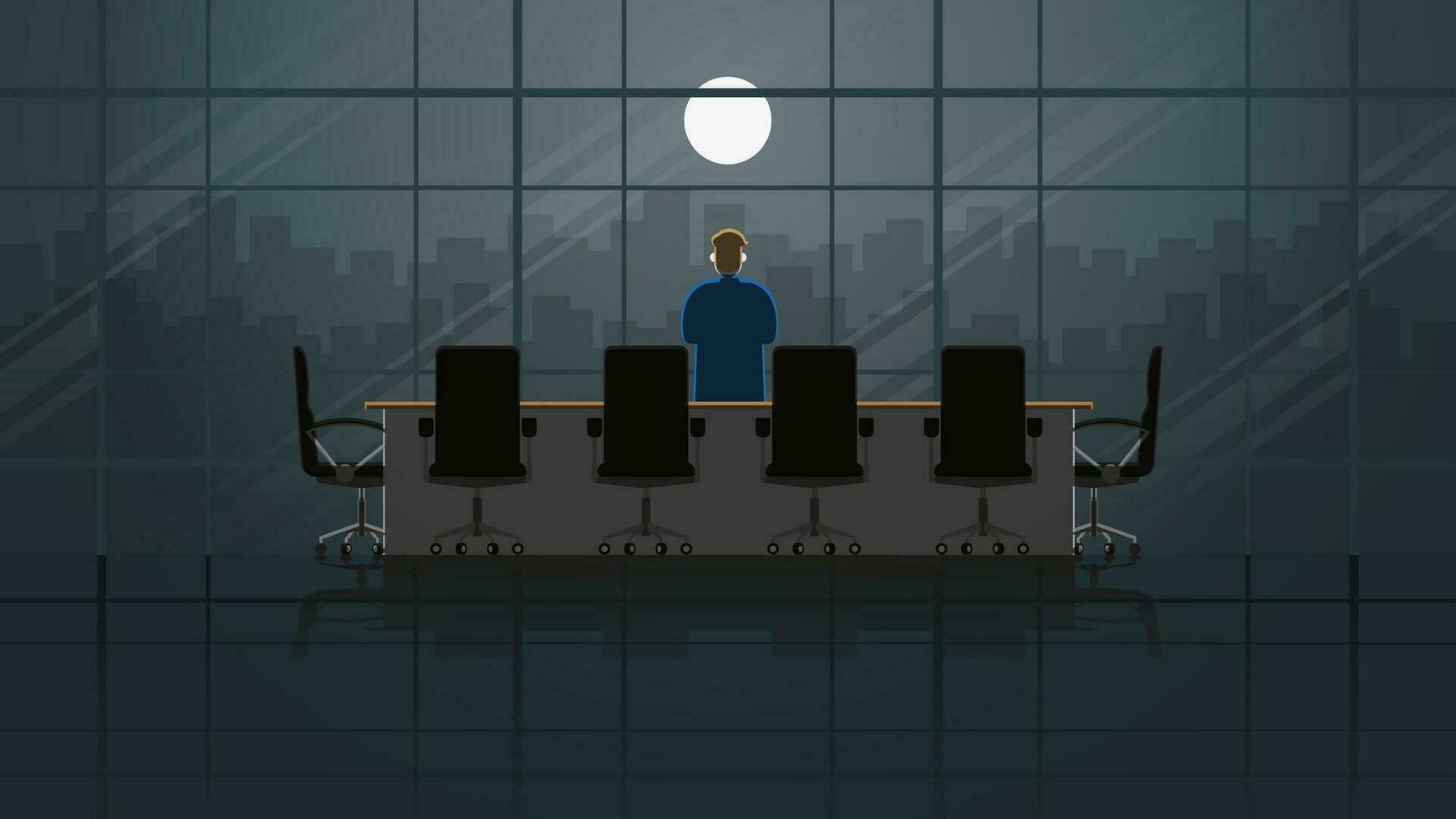 usinessman stand and thinking at the window of office building in meeting room at night vector