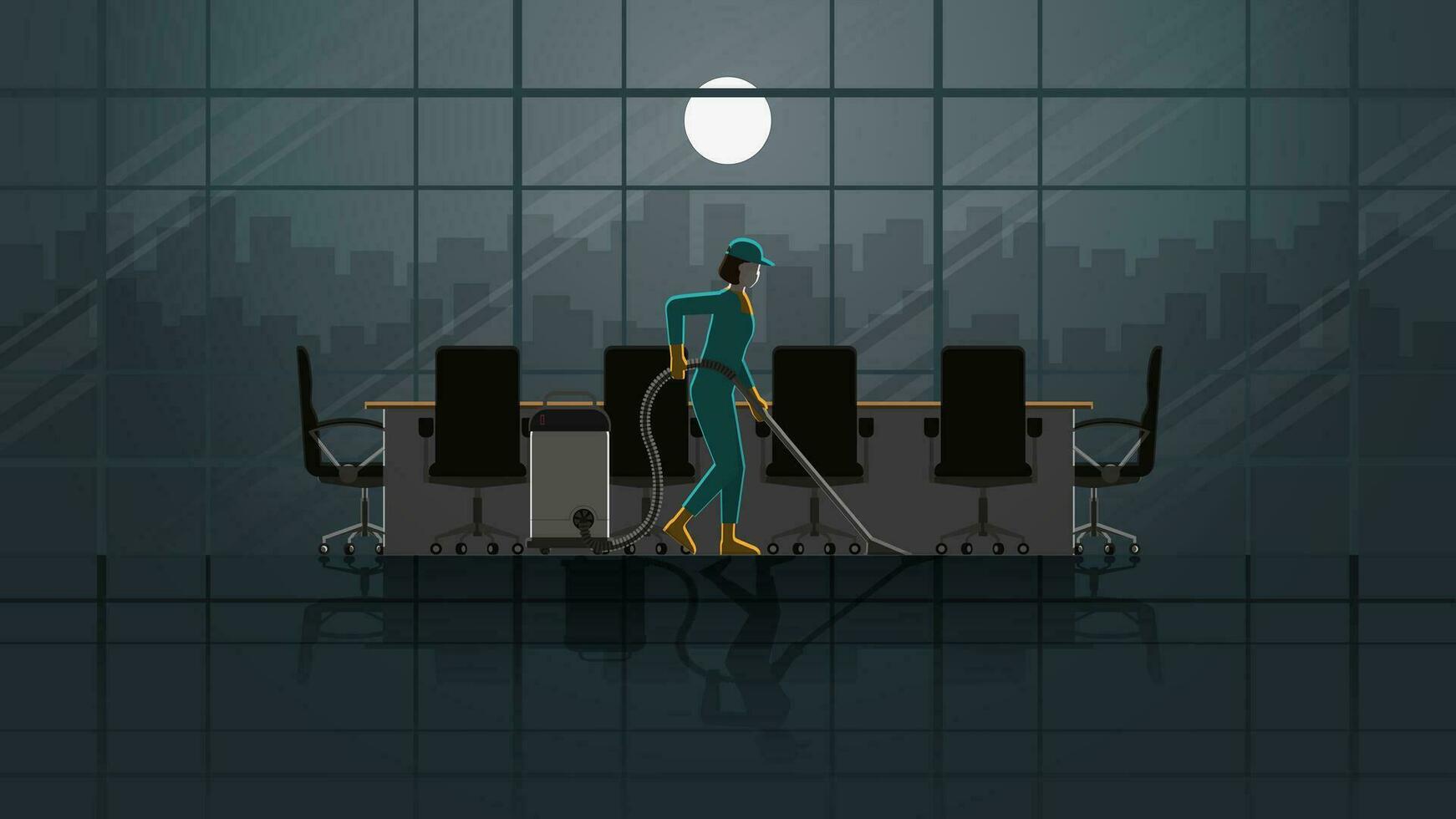 A woman cleaning maid service working in office meeting room. Alone in the dark vector