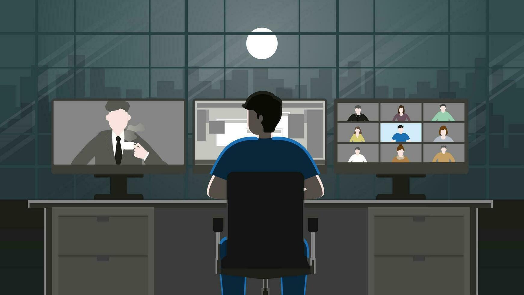 un hombre utilizar computadora pantalla trabajo desde hogar. vídeo conferencia reunión vector
