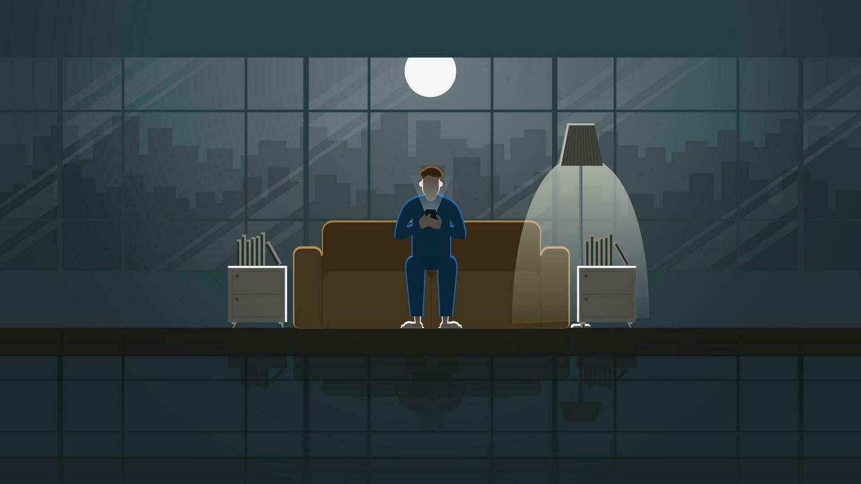 A man sitting on sofa and use smart phone in house living room. vector