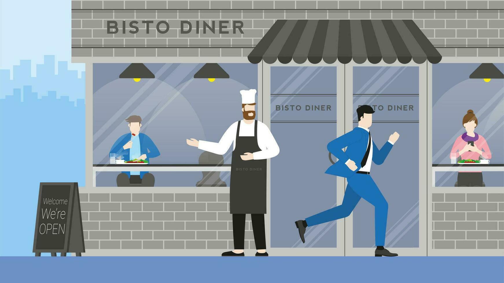 Business man run through bistro restaurant without interested vector