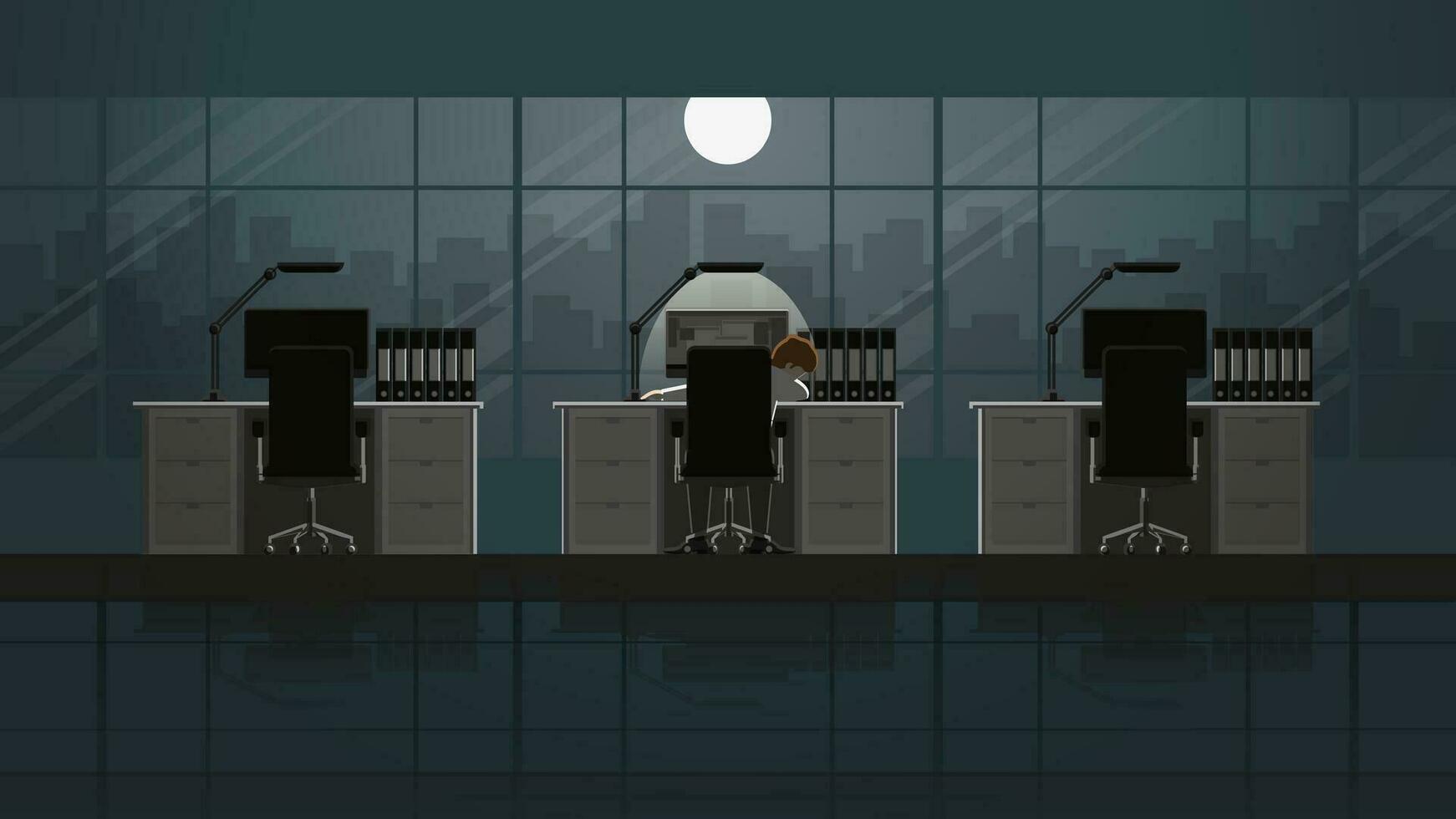 Night of office man sleeping on chair in his desk at office workplace vector