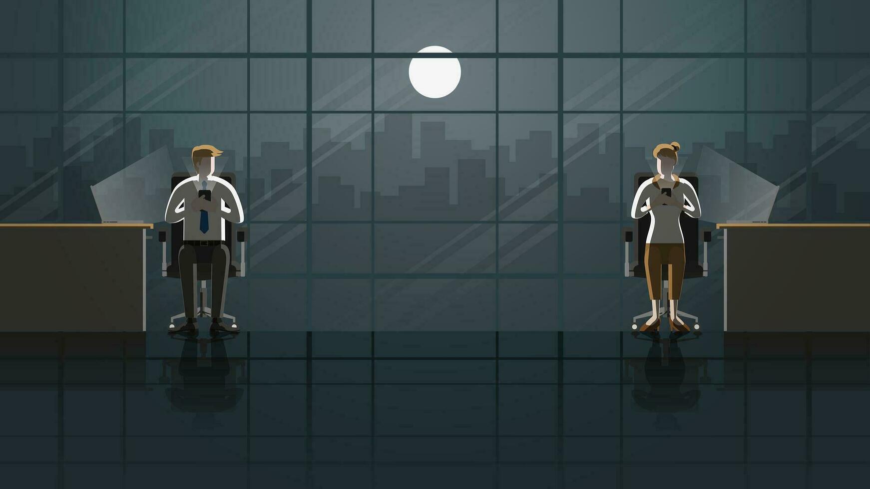 Employees man and woman using smartphone working on laptop in office. Work in the dark vector