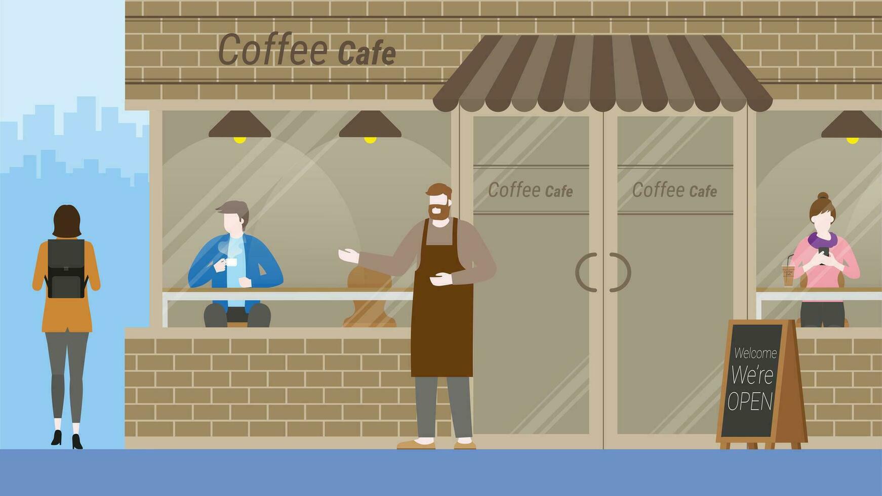 Front shop of coffee cafe. Small business owner. vector