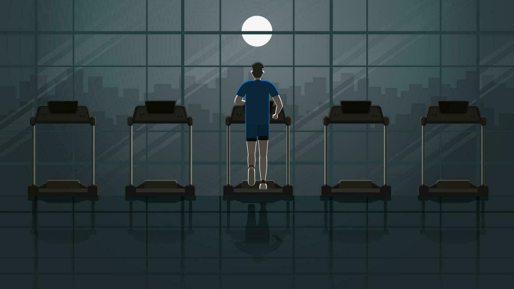 Back view of a man running on treadmill in empty fitness center at night vector