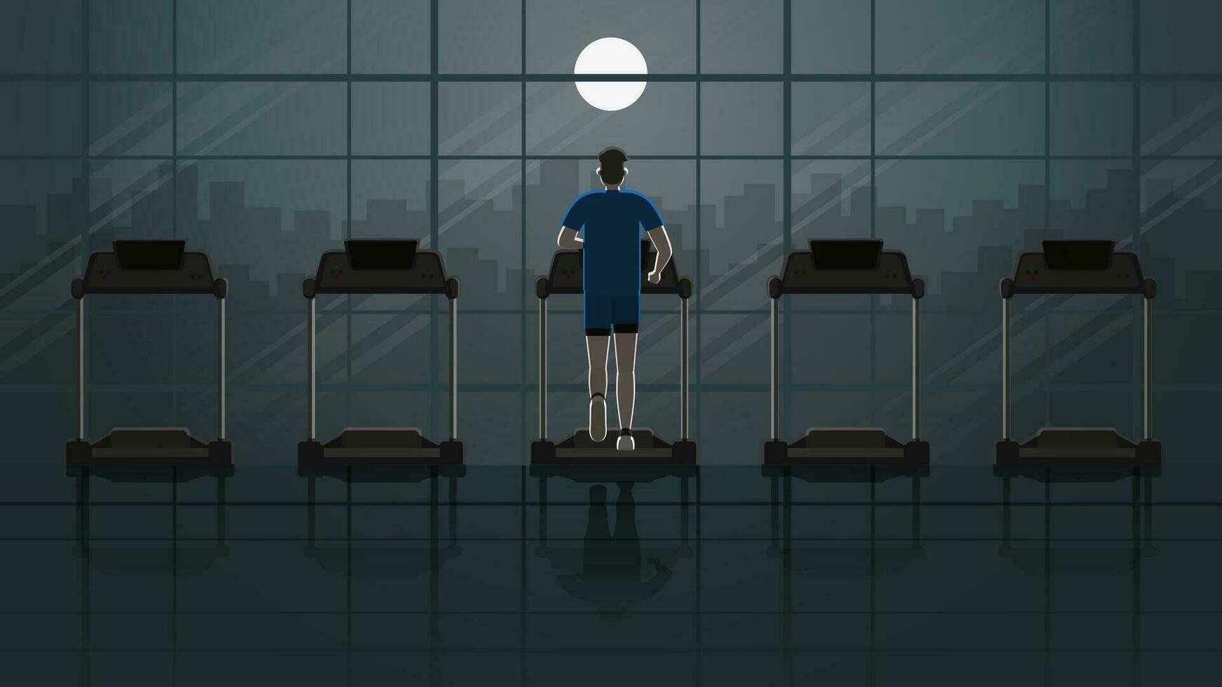 Back view of a man running on treadmill in empty fitness center at night vector