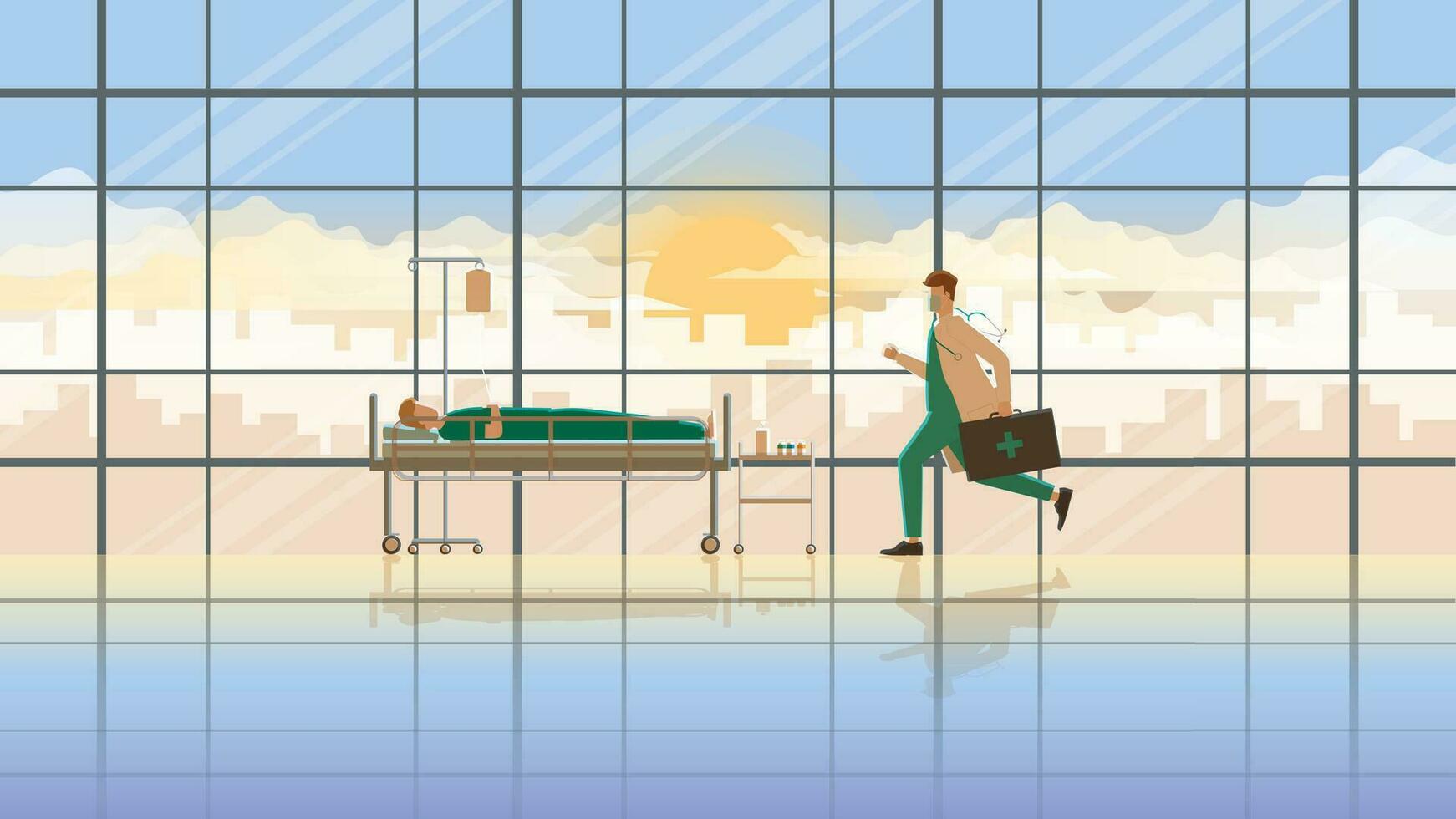 The doctor suddenly runs for a sick patient sleeping on the bed in the hospital ward vector