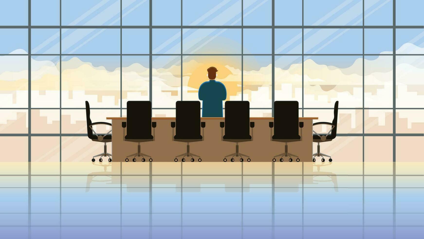 Businessman stand think and look outside the window of company office building vector