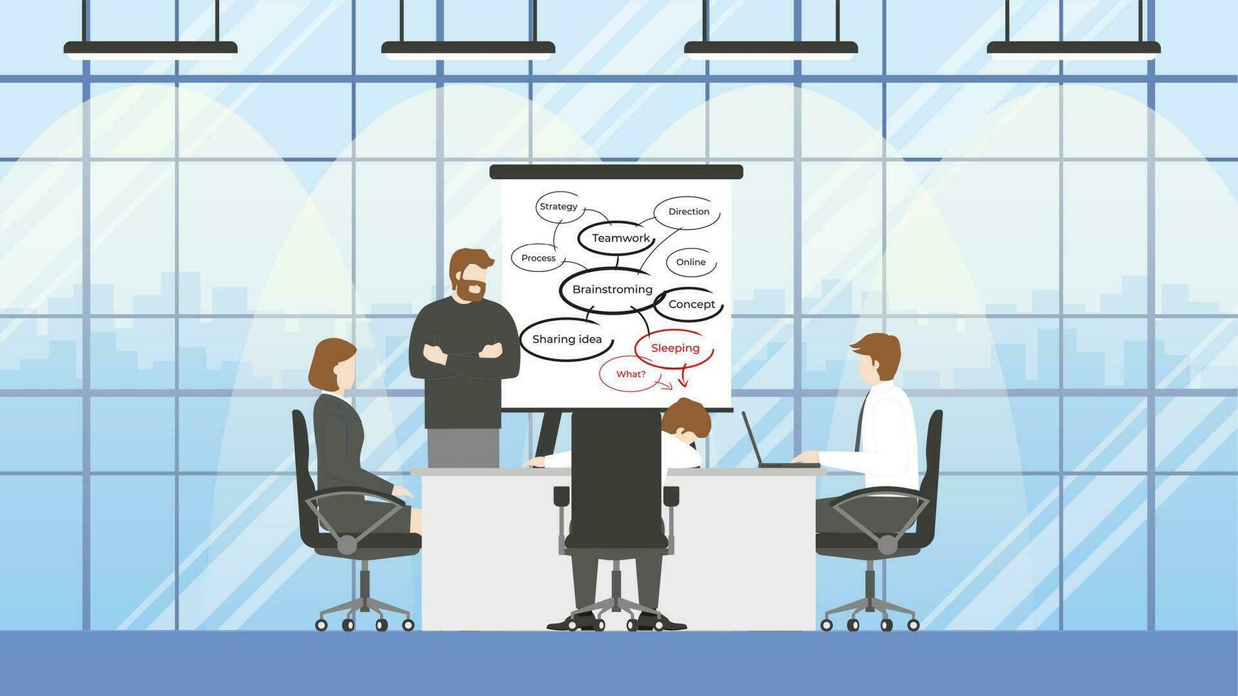 business people brainstorming meeting in conference room. Sleeping office man vector