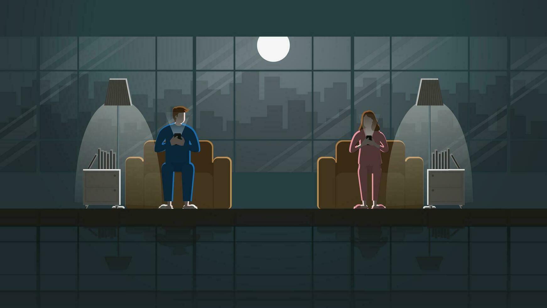 divorced couple separate sit on sofa and use smart phone in house vector
