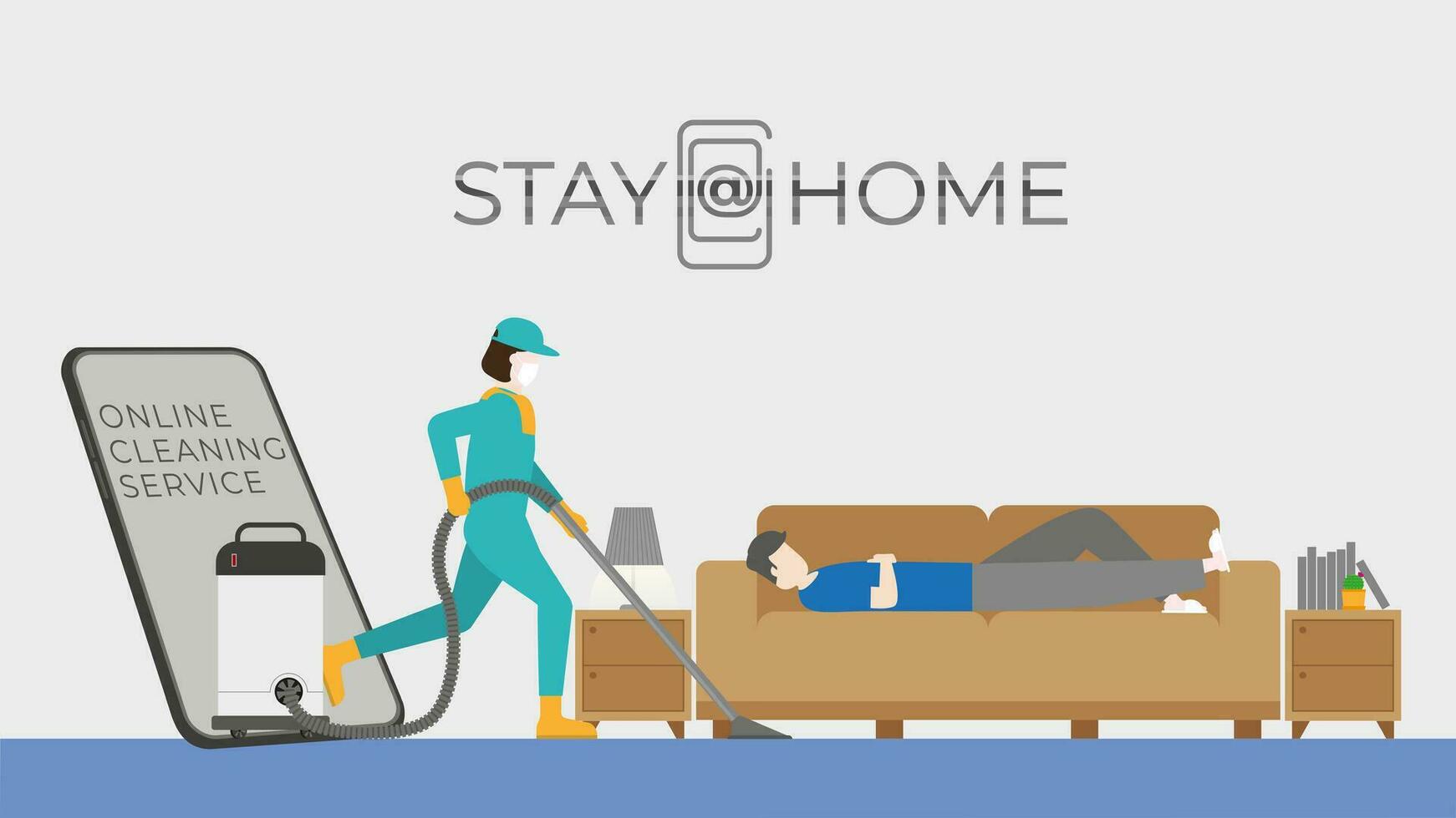 Lazy man sleep on sofa while using online cleaning service vector