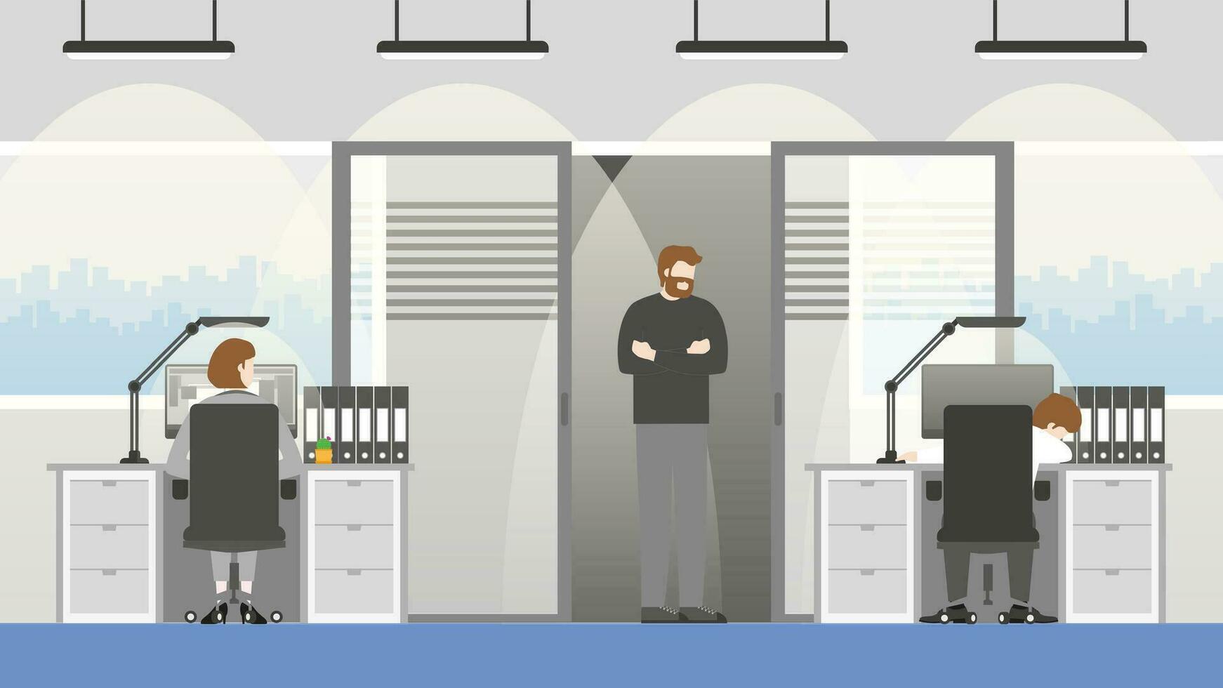 Tired businessman sleep while sitting on his desk in office workplace. vector