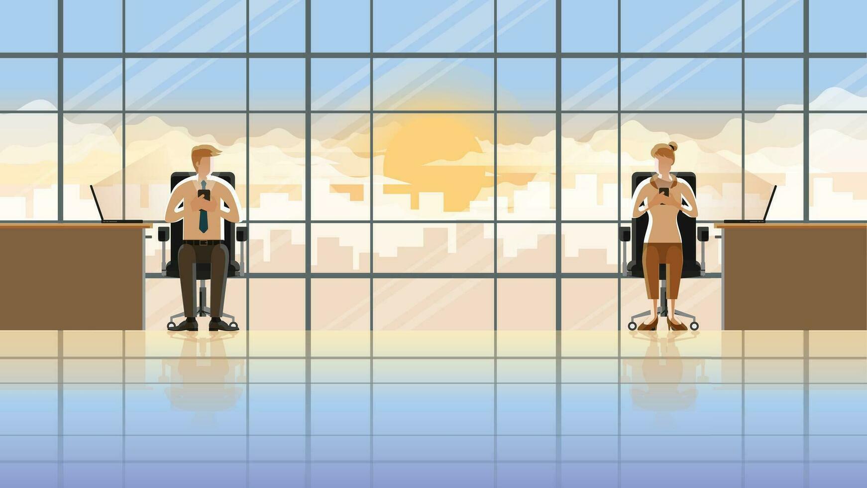 Love at first sight eye contact of office people working in the early morning sunrise vector