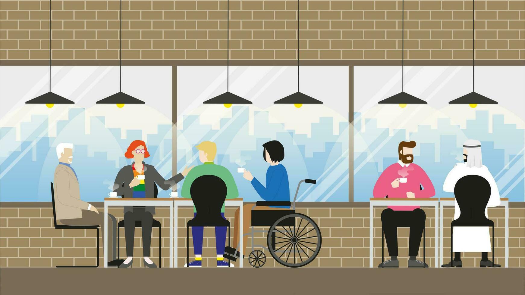 colaboración de diversidad personas en café cafetería. vector