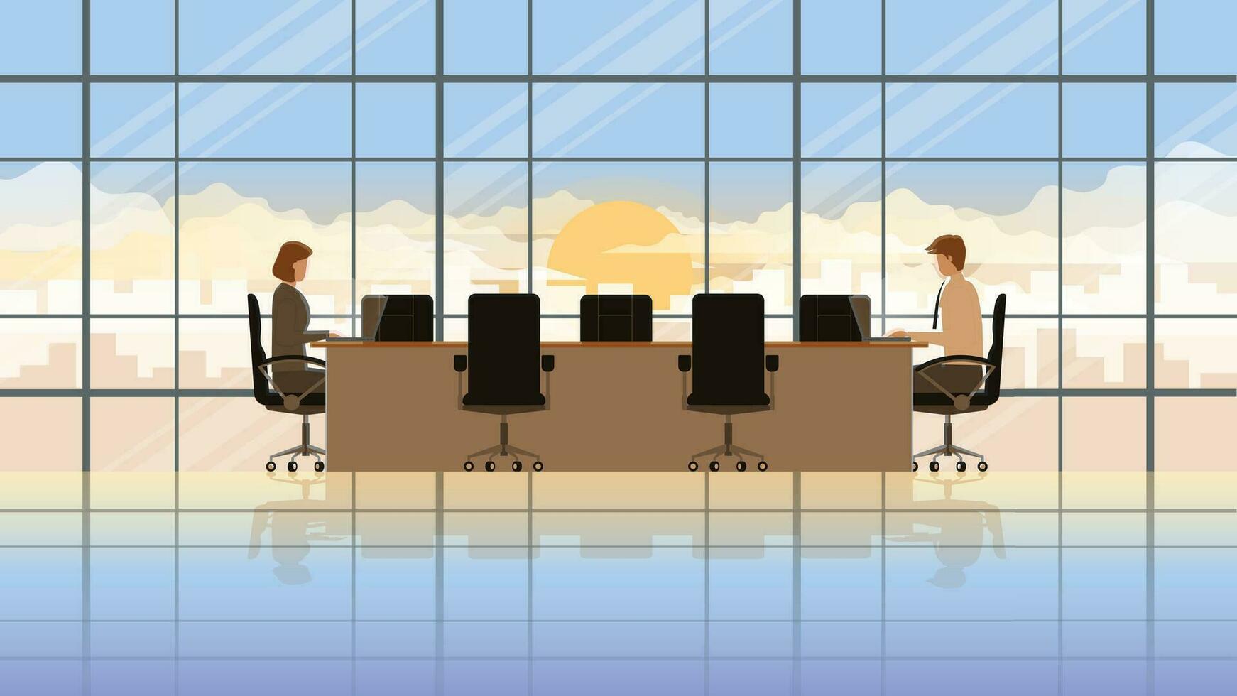 Employee working overnight. Man and woman use laptop in workplace meeting conference room vector