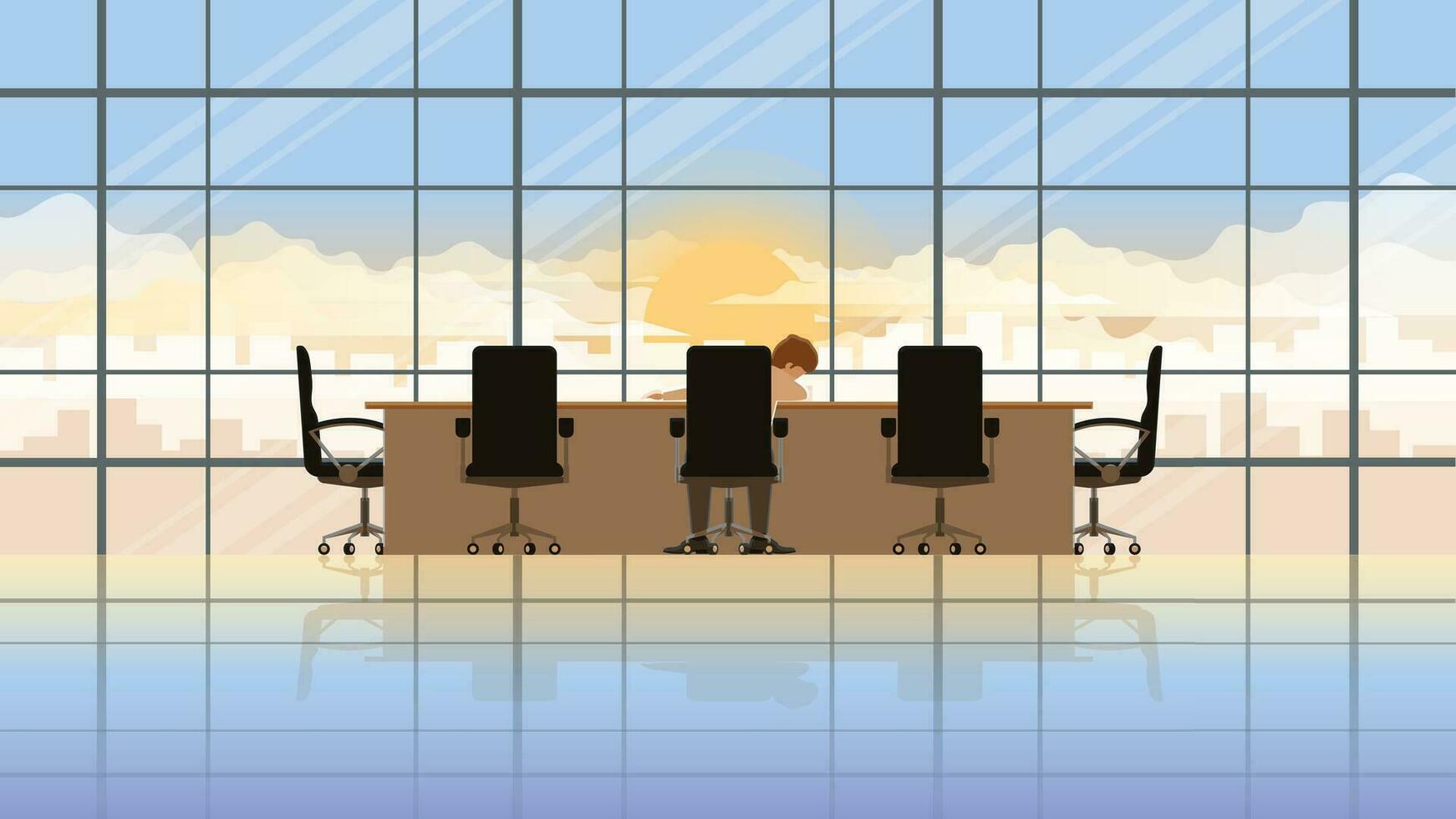 Working overnight. Employee sits and sleep in workplace meeting conference room. vector
