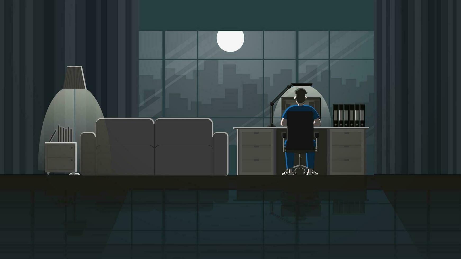 A man working from home on desktop computer in house workplace vector