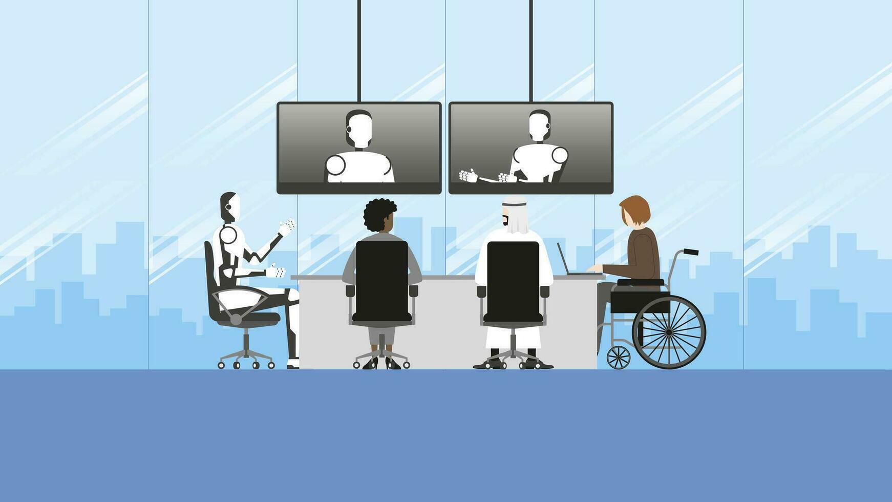 Diversity businesspeople and robot colleague in the office meeting room. Teleconference vector