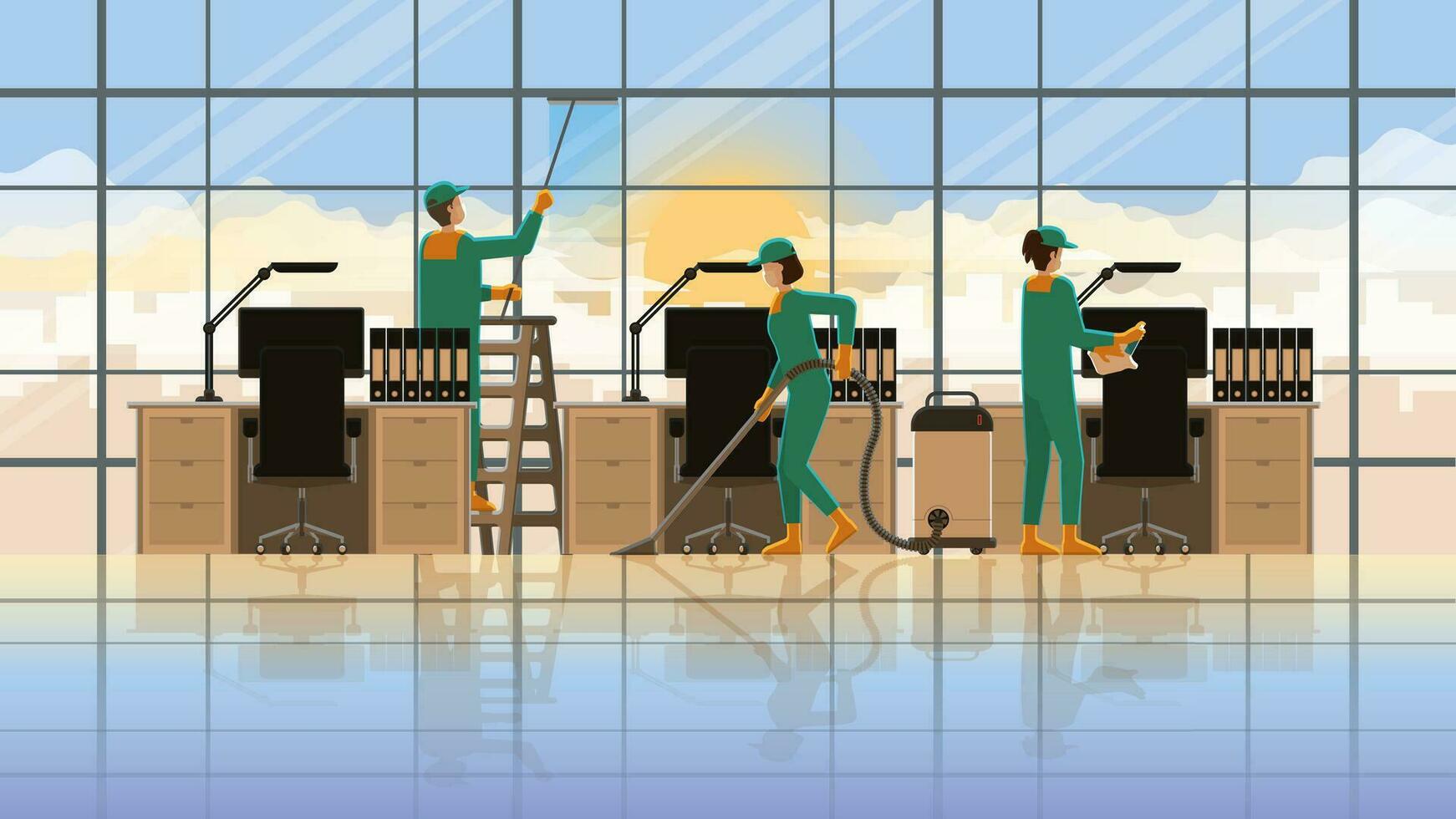 Cleaning service team working at office working room in early morning sunrise vector