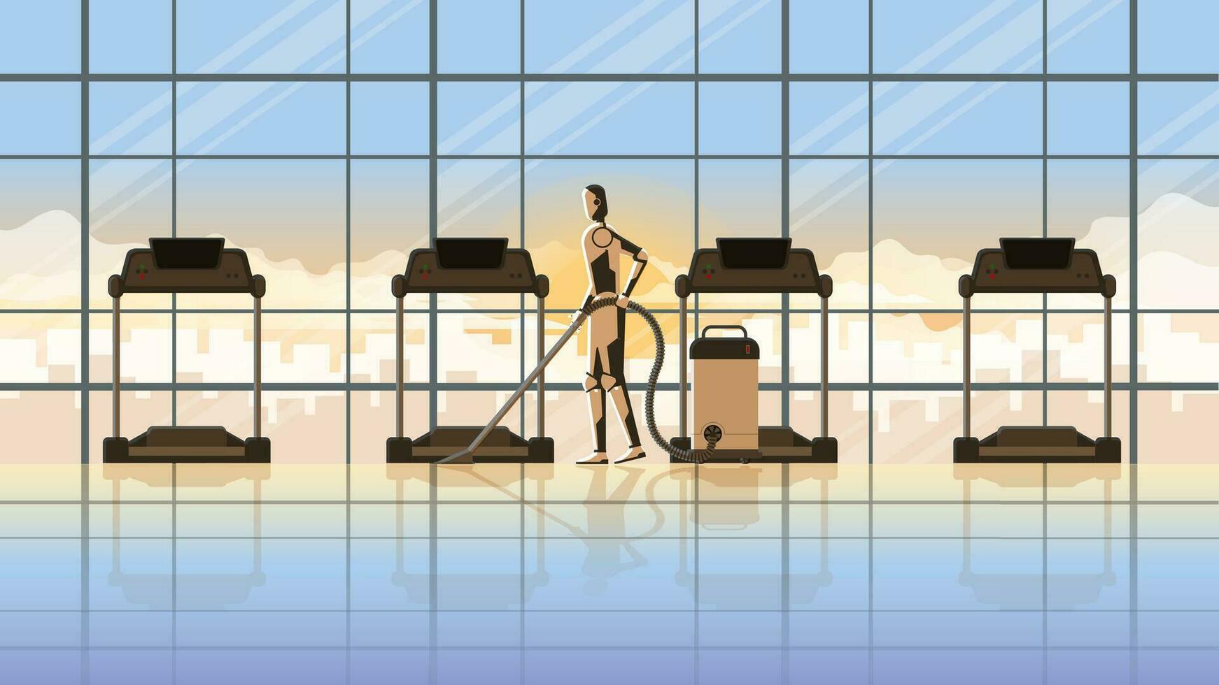 Technology concept of Robot replaces human. Artificial intelligence mechanism cyborg clean in fitness center vector