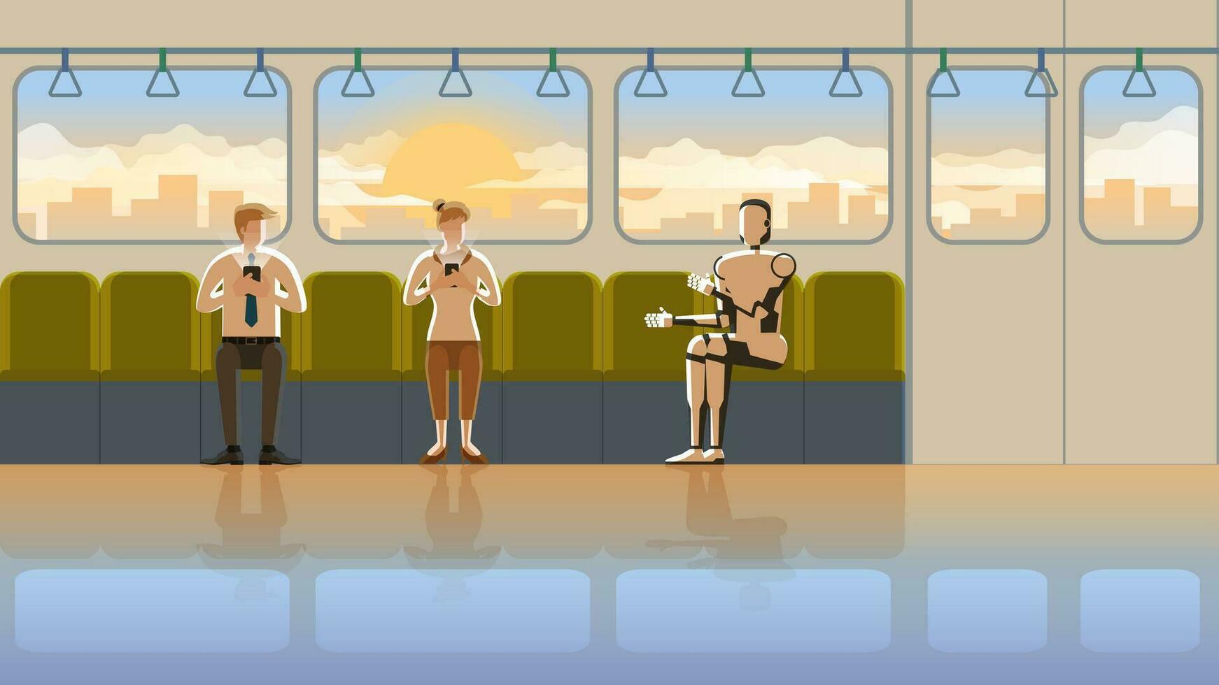 Man and woman sit and listen to the robot speak on train n an early morning vector