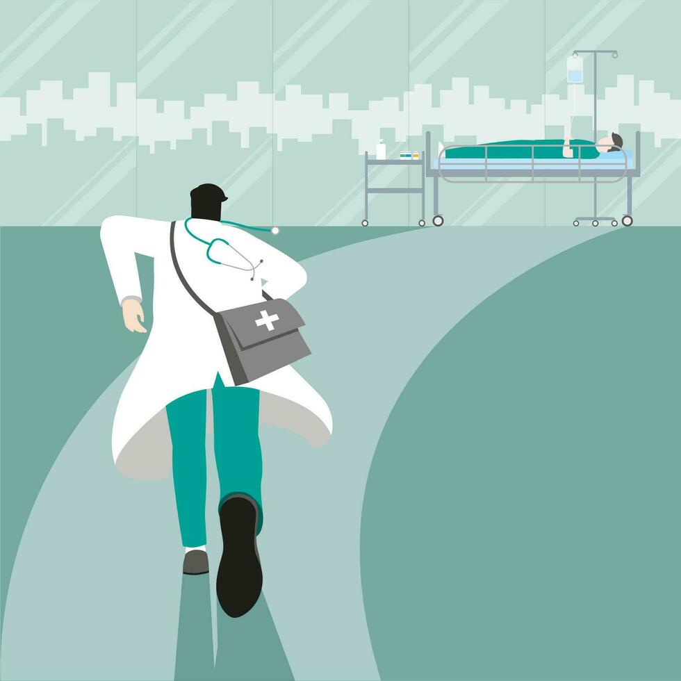 Back view of medical emergency case concept. The doctor run for a sick patient vector